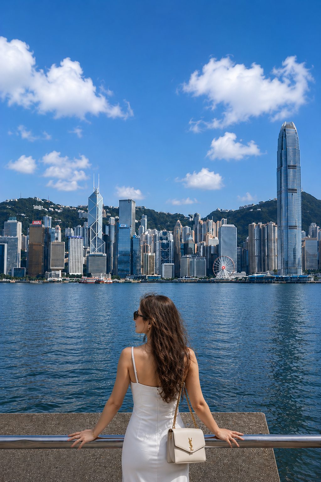 A traveller looking across Victoria Harbour to the Hong Kong Island skyline